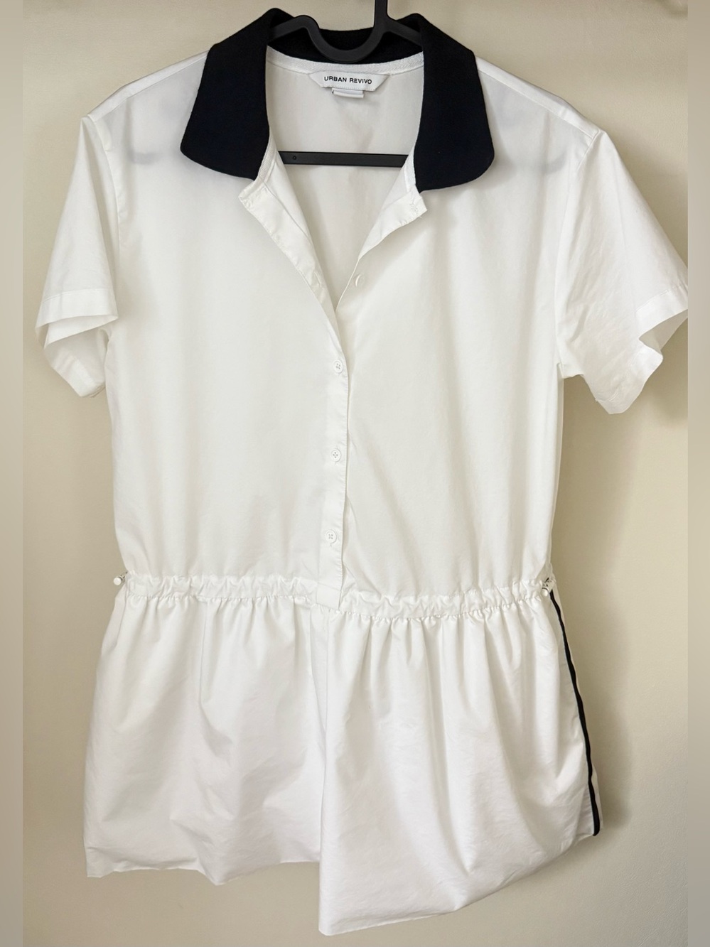 Urban Revivo White Short Sleeve Button Up Shirt Top with Black Contrast Collar⁠